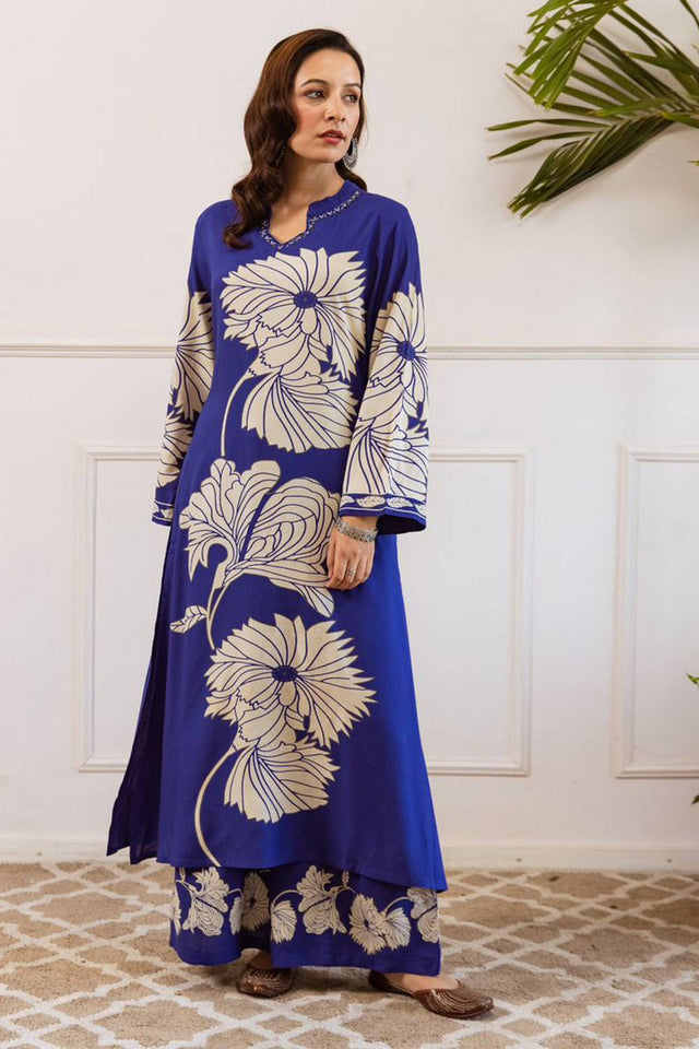 Blue Floral Printed Rayon Kurti Pant Set (IDKS5BL12066)