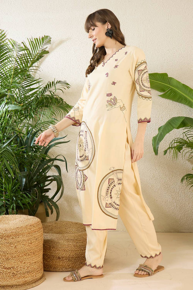Cream Embroidered Rayon Kurti Pant Set (IDKS5CR12410)