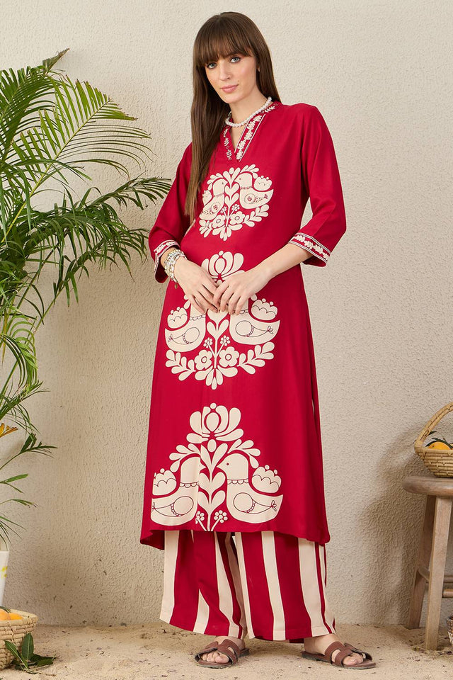 Maroon Printed Rayon Kurti Pant Set (IDKS5MR12069)
