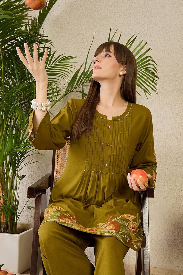 Olive Green Embroidered Rayon Kurti Pant Set (IDKS5OL11571)