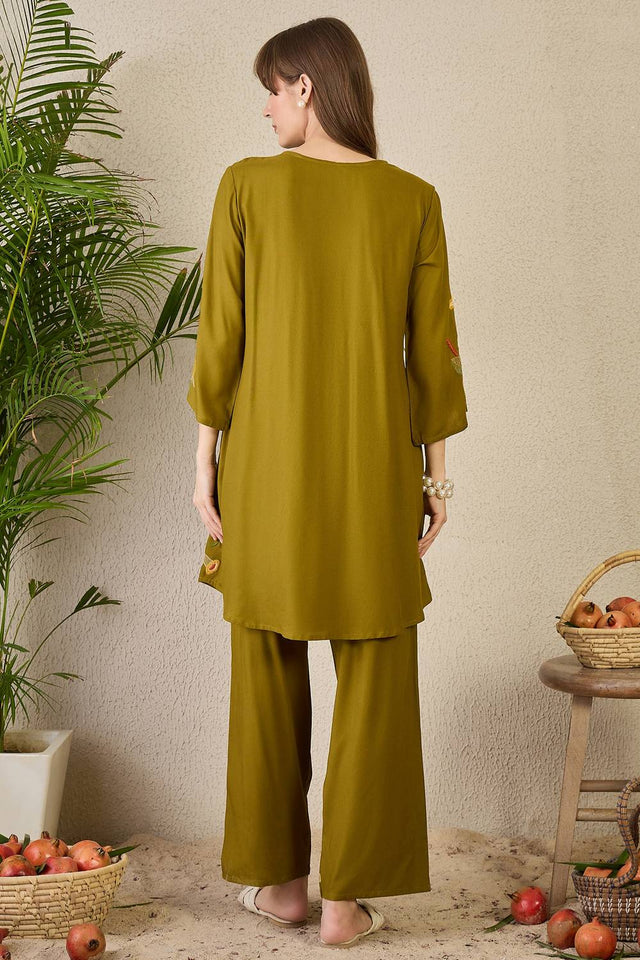 Olive Green Embroidered Rayon Kurti Pant Set (IDKS5OL11571)