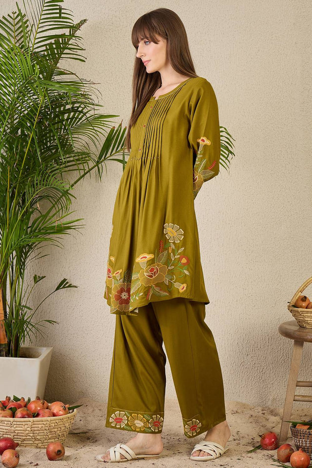 Olive Green Embroidered Rayon Kurti Pant Set (IDKS5OL11571)