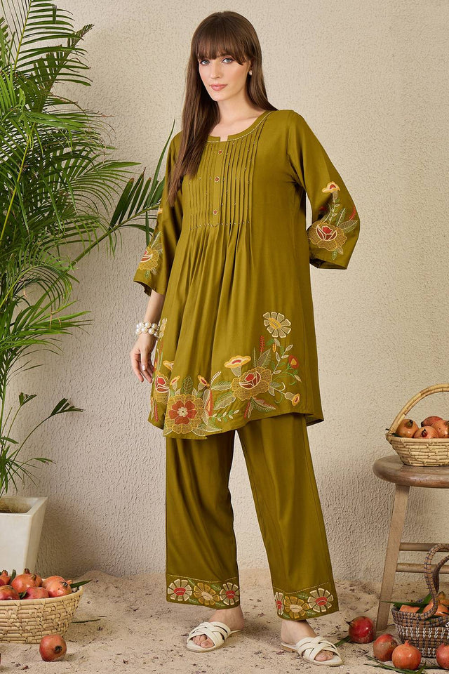 Olive Green Embroidered Rayon Kurti Pant Set (IDKS5OL11571)