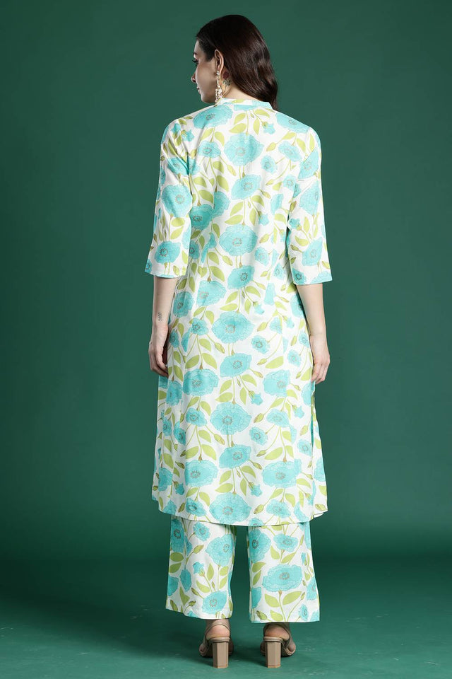 Off White Floral Printed Rayon Kurti Pant Set (IDKS5OW10279)