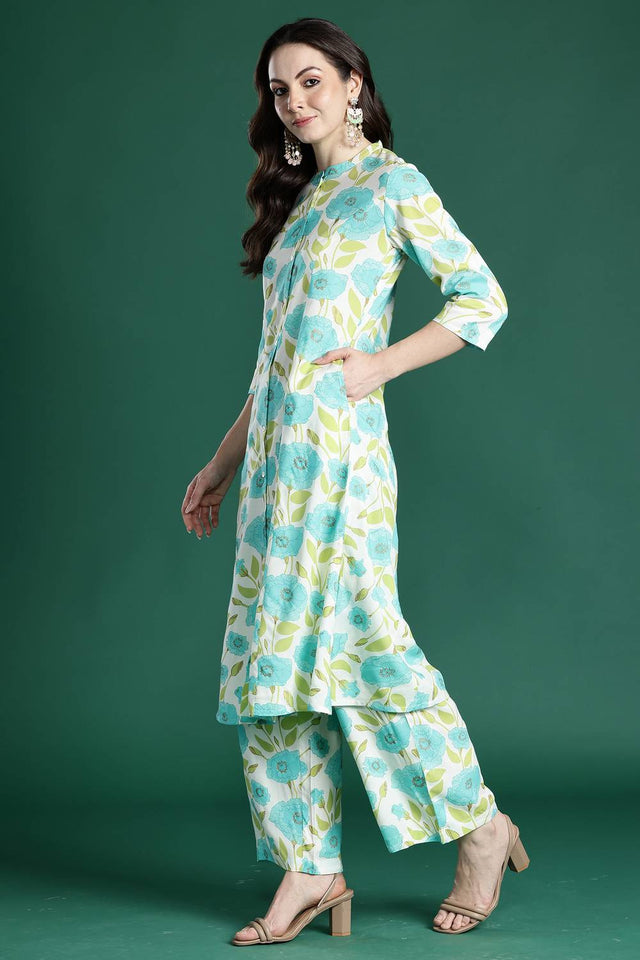 Off White Floral Printed Rayon Kurti Pant Set (IDKS5OW10279)