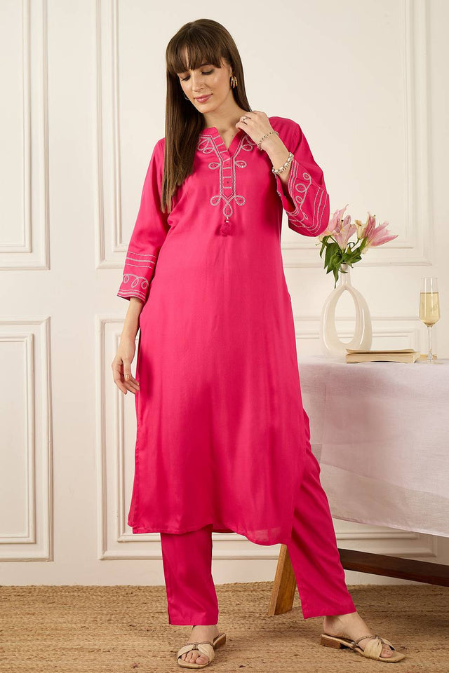 Pink Thread work Rayon Kurti Pant Set (IDKS5PK11742)