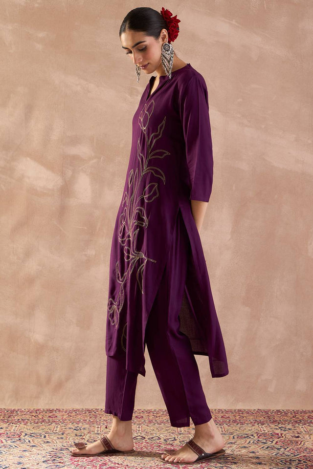Violet Embroidered Rayon Kurti Pant Set (IDKS5PR12330)
