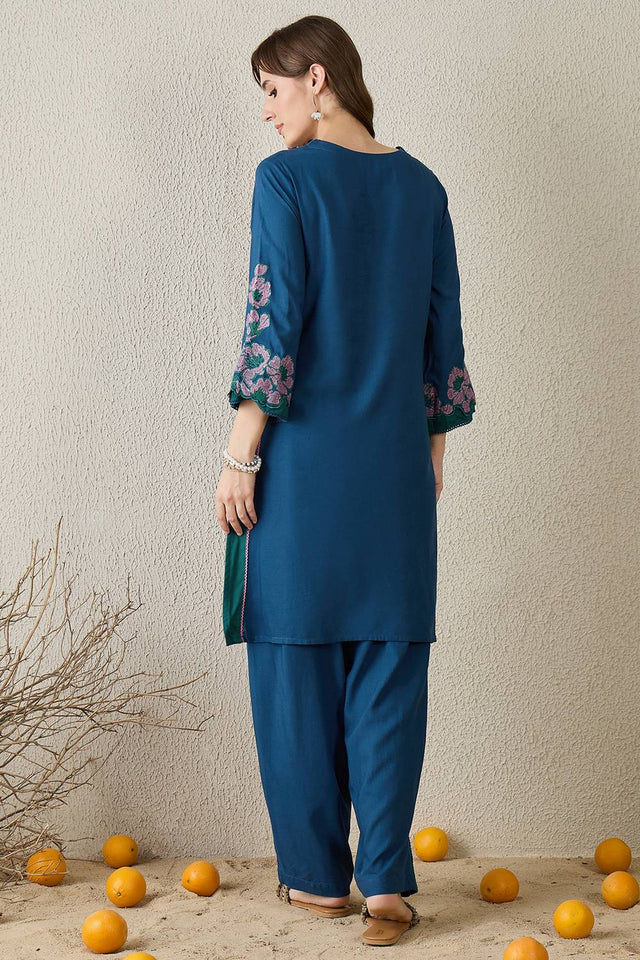 Turquoise Embroidered Rayon Kurti Pant Set (IDKS5TL11596)