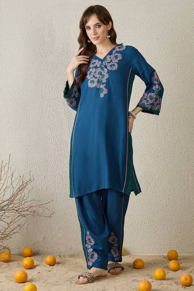 Turquoise Embroidered Rayon Kurti Pant Set (IDKS5TL11596)