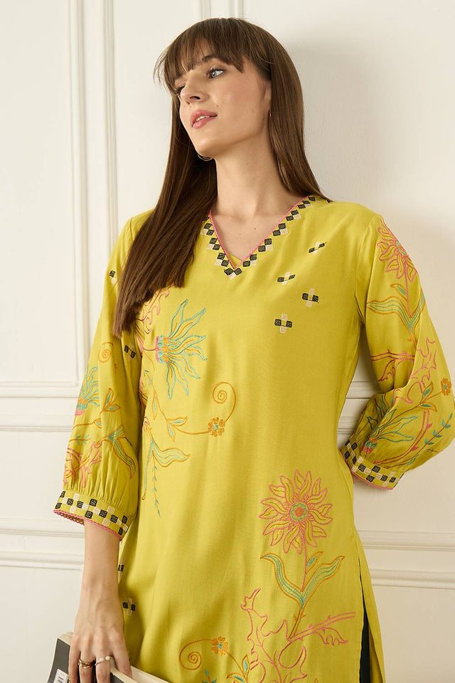Yellow Embroidered Rayon Kurti Pant Set (IDKS5YL12411)