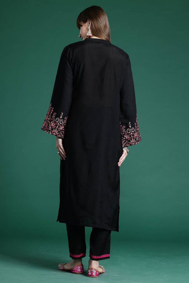 Black Embroidered Cotton Blend Kurti Pant Set