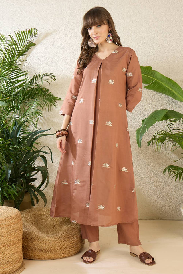 Brown Embroidered Silk Blend Kurti Pant Set (IDKS9BR12210)