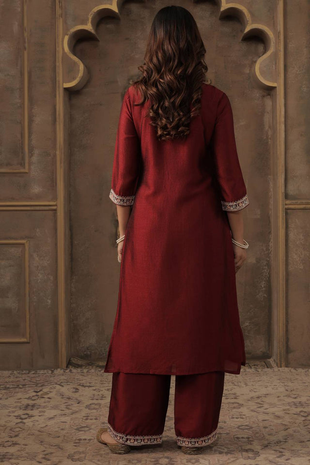 Maroon Embroidered Liva Kurti Pant Set (IDKS9MR11734)