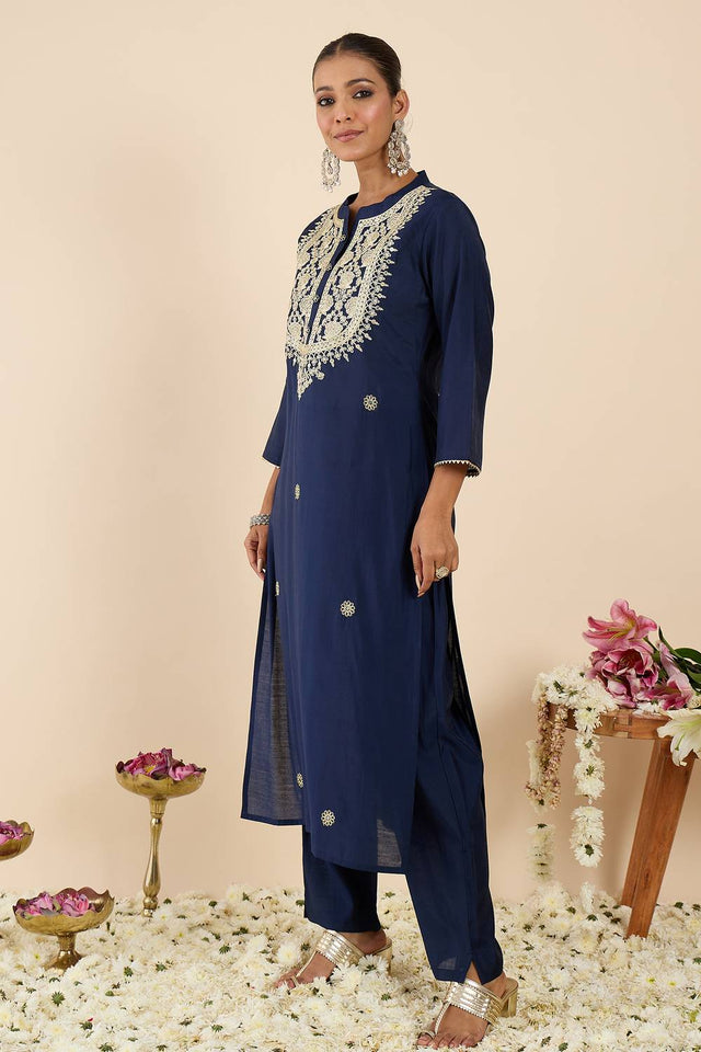 Navy Blue Floral Embroidered Silk Blend Kurti Pant Set (IDKS9NB12329)