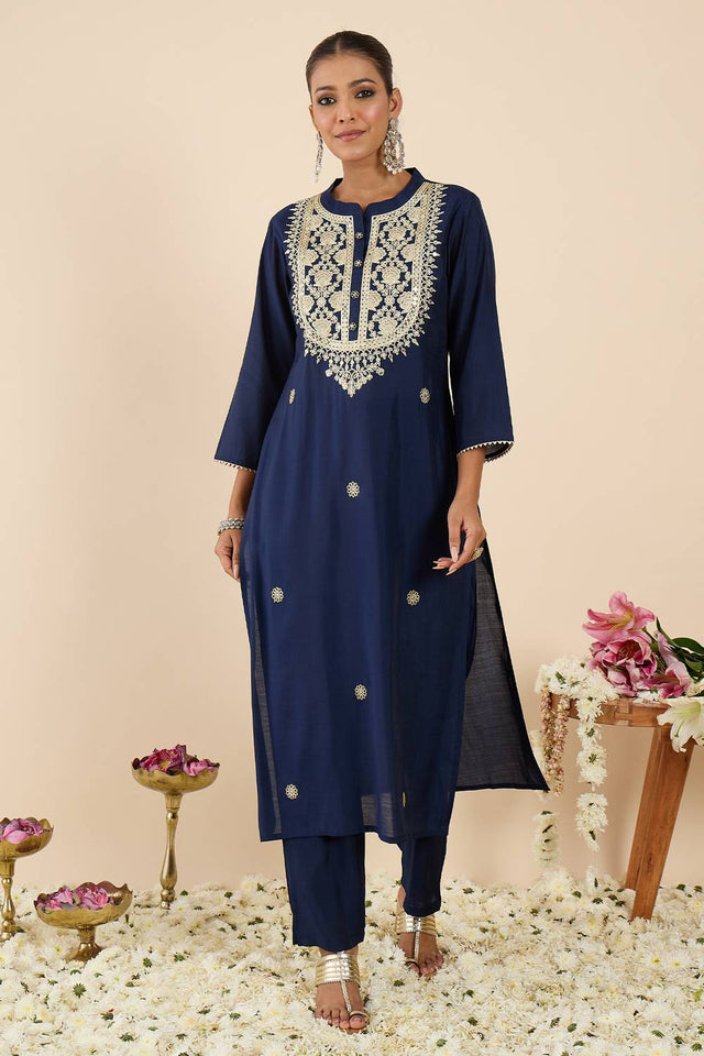 Navy Blue Floral Embroidered Silk Blend Kurti Pant Set (IDKS9NB12329)