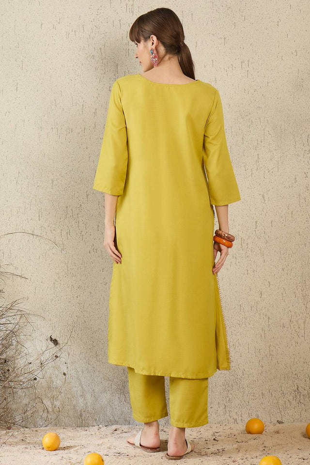 Olive Green Solid Cotton Blend Kurti Pant Set (IDKS9OL11640)