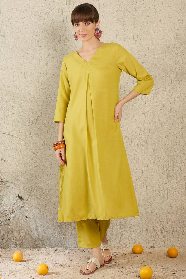Olive Green Solid Cotton Blend Kurti Pant Set (IDKS9OL11640)