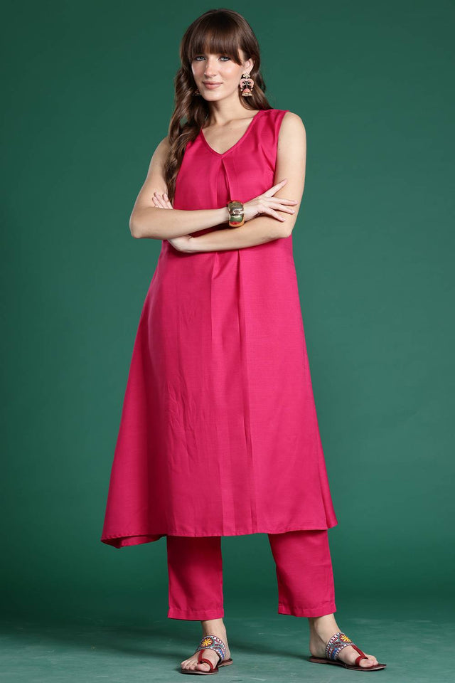 Pink Solid Cotton Blend Kurti Pant Set (IDKS9PK10393)
