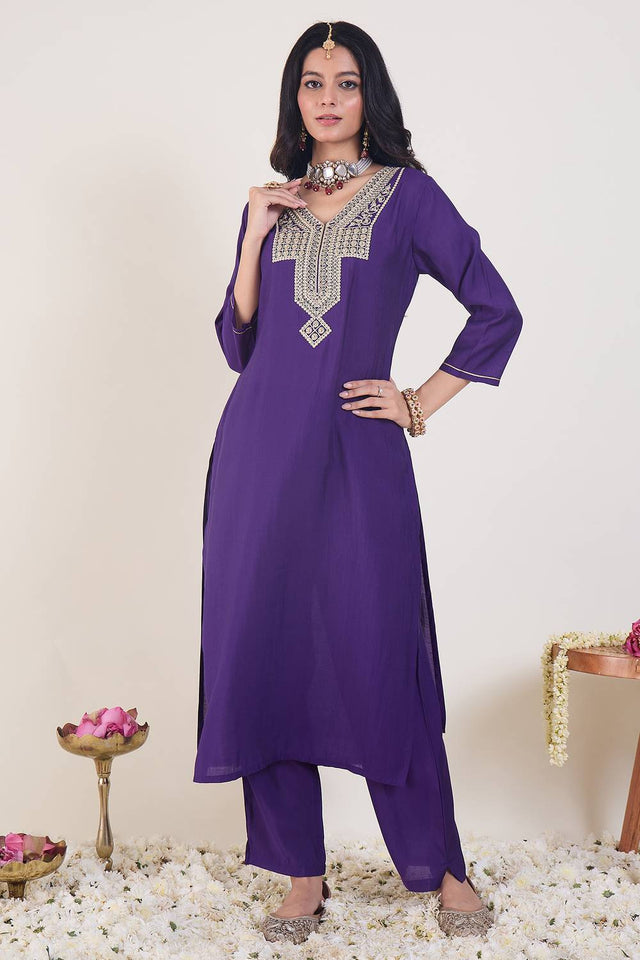 Violet Embroidered Silk Blend Kurti Pant Set (IDKS9PR12324)