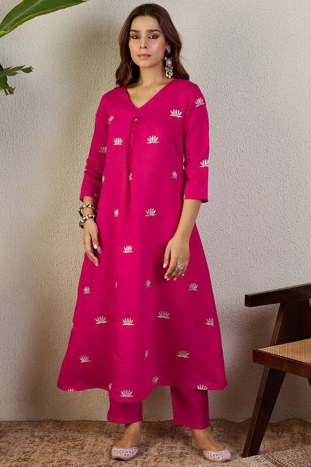Pink Floral Embroidered Silk Blend Kurti Pant Set (IDKS9RP12209)