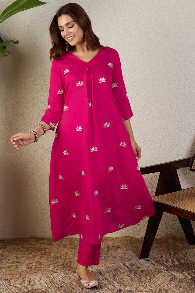 Pink Floral Embroidered Silk Blend Kurti Pant Set (IDKS9RP12209)