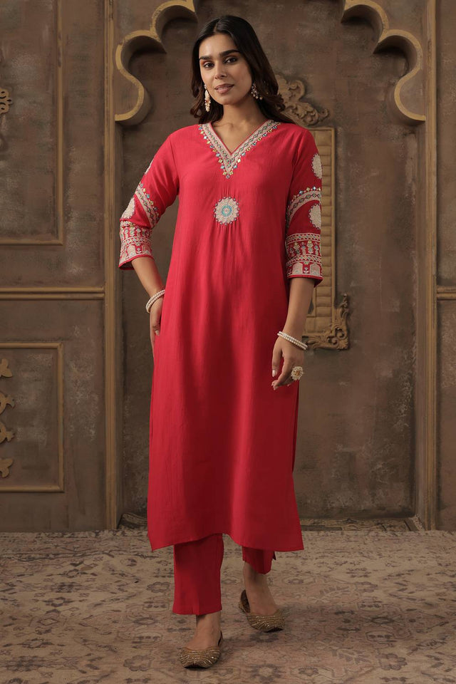 Pink Embroidered Silk Blend Kurti Pant Set (IDKS9RP12356)
