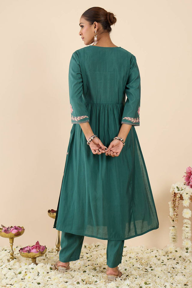 Sea Green Embroidered Silk Blend Kurti Pant Set (IDKS9SG12126)