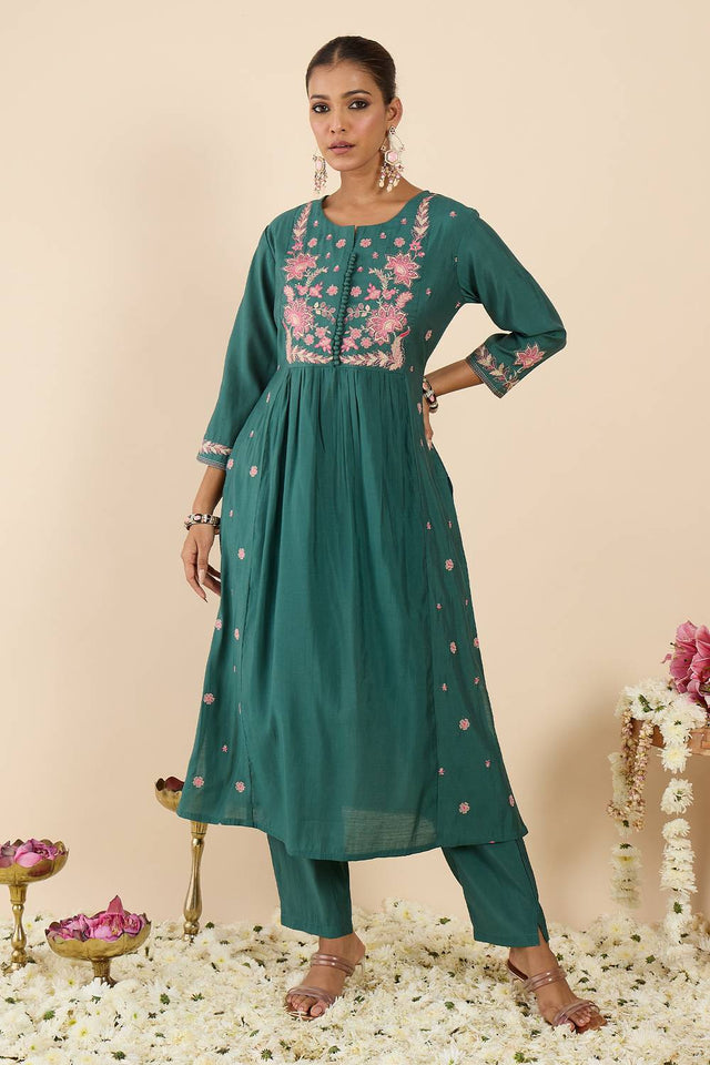 Sea Green Embroidered Silk Blend Kurti Pant Set (IDKS9SG12126)