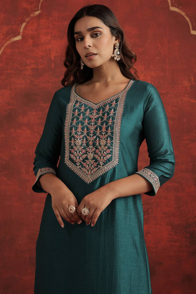 Turquoise Sequin with Embroidered Liva Kurti Pant Set (IDKS9TL11733)