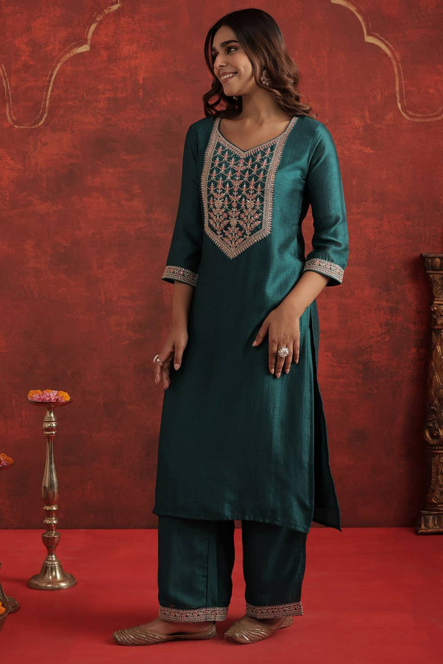 Turquoise Sequin with Embroidered Liva Kurti Pant Set (IDKS9TL11733)