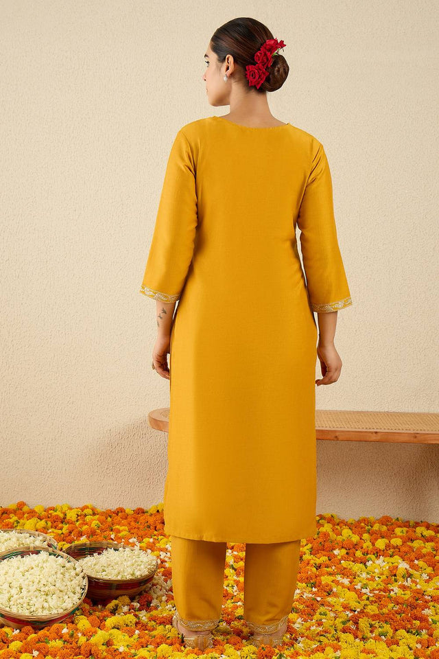 Yellow Embroidered Chinon Kurti Pant Set