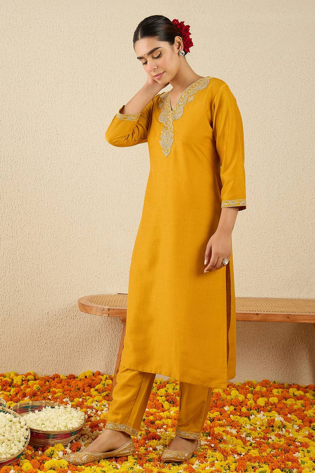 Yellow Embroidered Chinon Kurti Pant Set