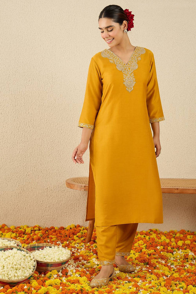 Yellow Embroidered Chinon Kurti Pant Set (IDKS9YL11590)