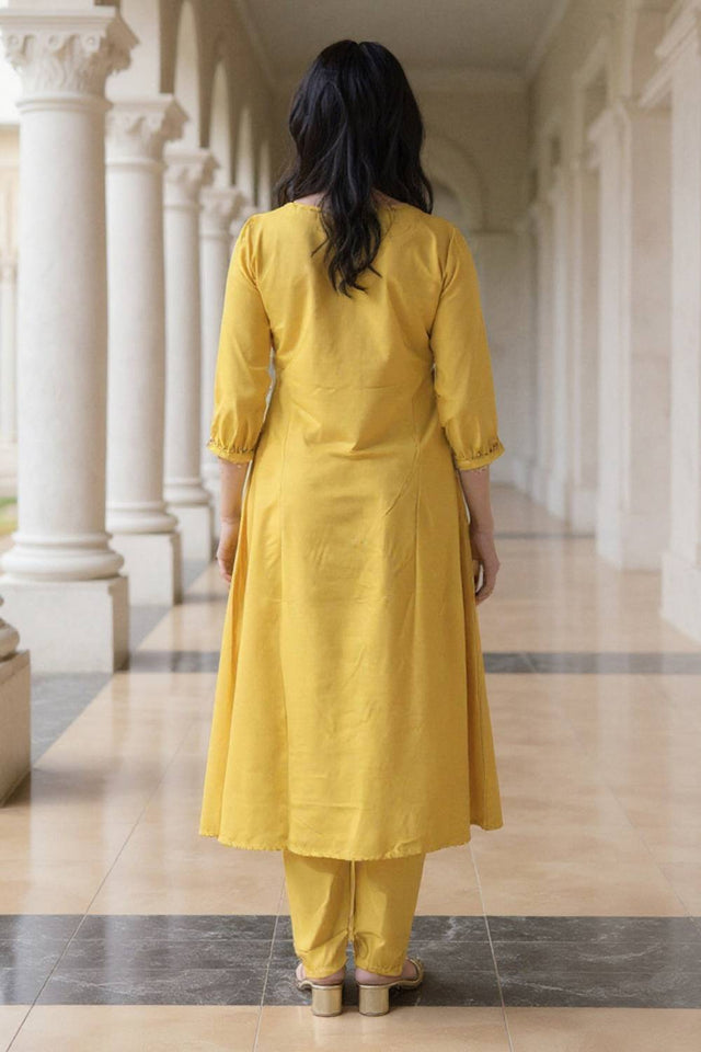 Yellow Solid Cotton Blend Kurti Pant Set (IDKS9YL11642)