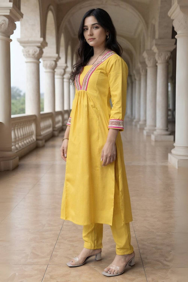 Yellow Solid Cotton Blend Kurti Pant Set (IDKS9YL11642)