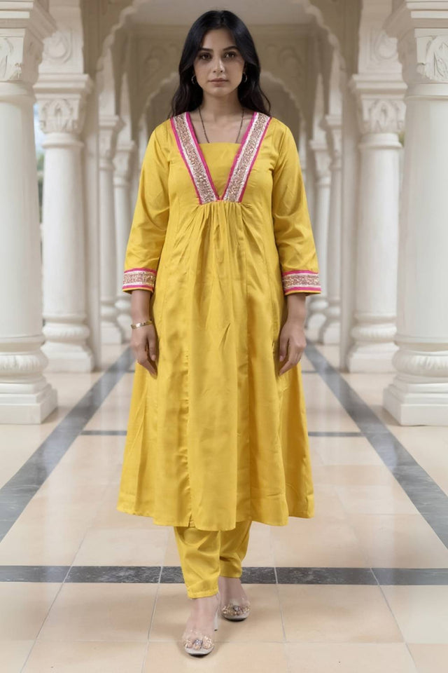 Yellow Solid Cotton Blend Kurti Pant Set (IDKS9YL11642)