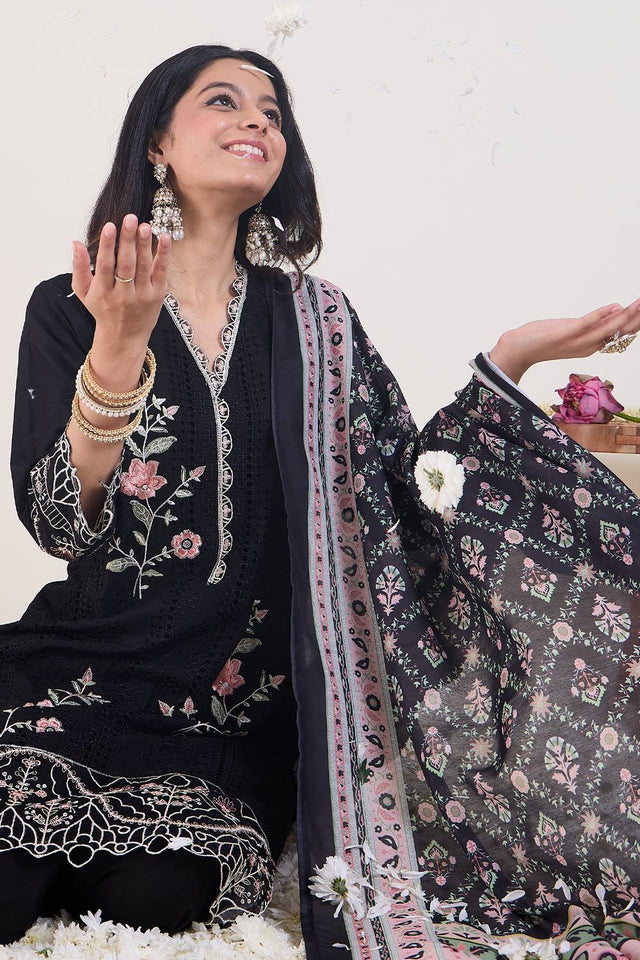 Black Embroidered Cotton Kurti Pant Set (IDST0KH122)