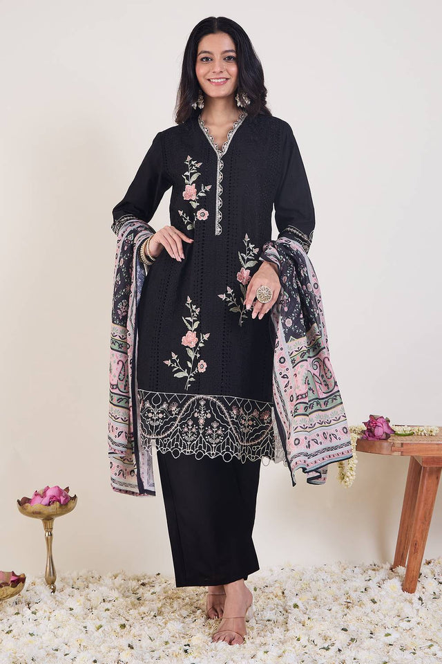 Black Embroidered Cotton Kurti Pant Set (IDST0KH122)