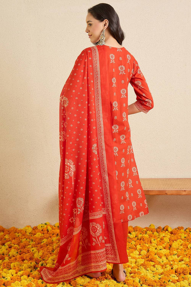Rust Printed Cotton Kurti Pant Set (IDST0KH252)