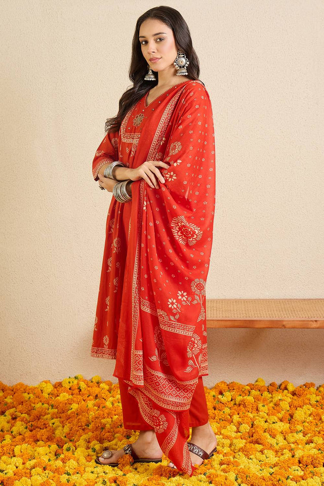 Rust Printed Cotton Kurti Pant Set (IDST0KH252)