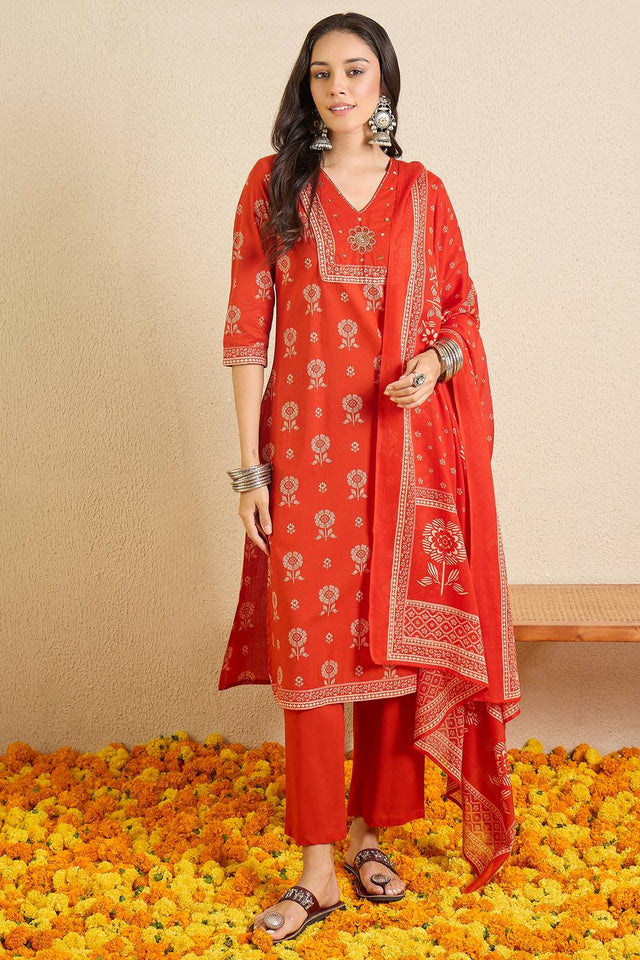 Rust Printed Cotton Kurti Pant Set (IDST0KH252)