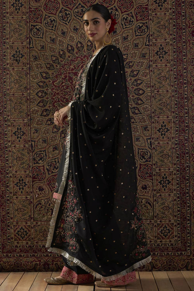 Black Floral Embroidered Chinon Kurti Pant Set (IDST9KH138)