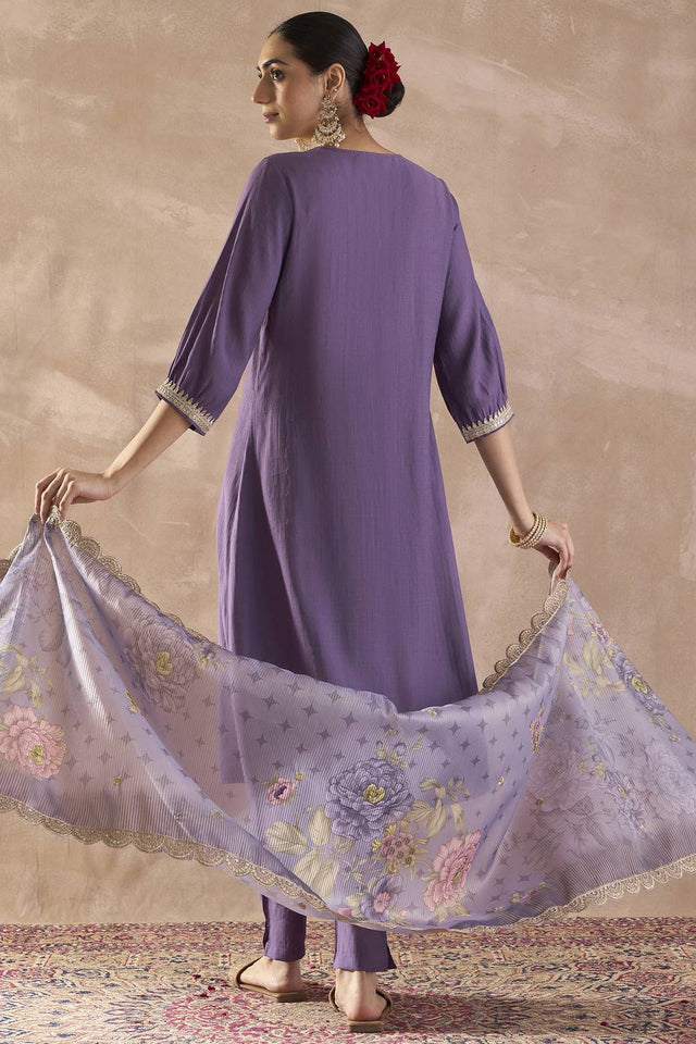 Violet Solid Silk Blend Kurti Pant Set (IDST9KH166)
