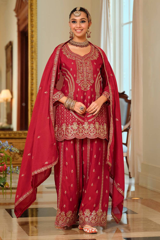 Red Embroidered Chinon Kurti Pant Set (IDST9KH256)