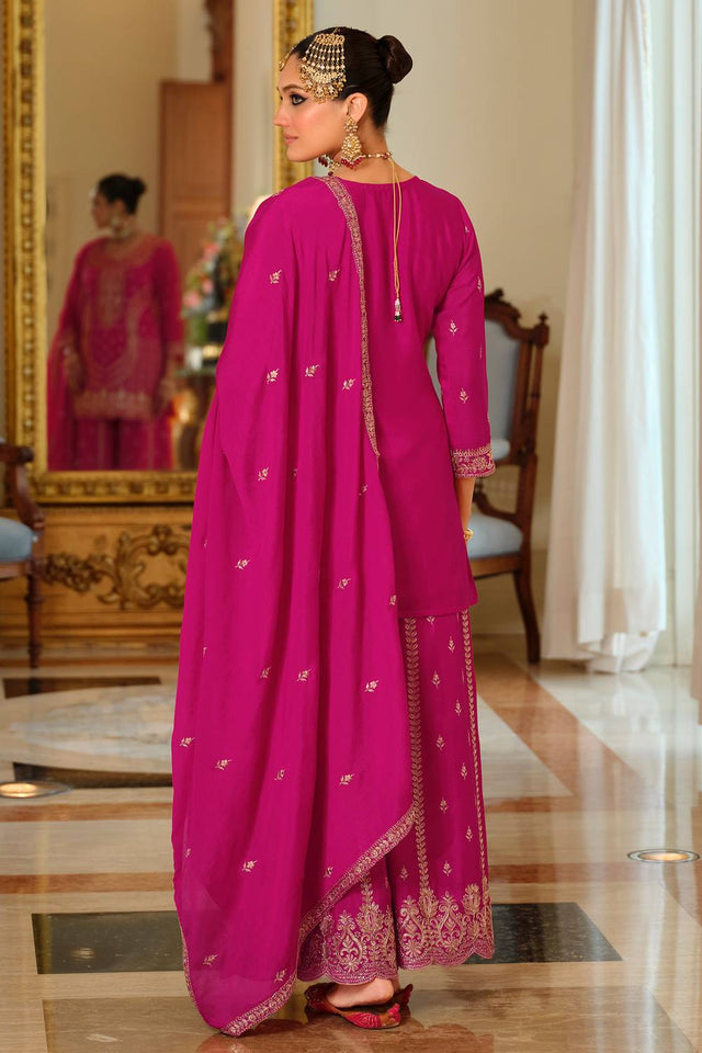 Pink Embroidered Chinon Kurti Pant Set (IDST9KH257)