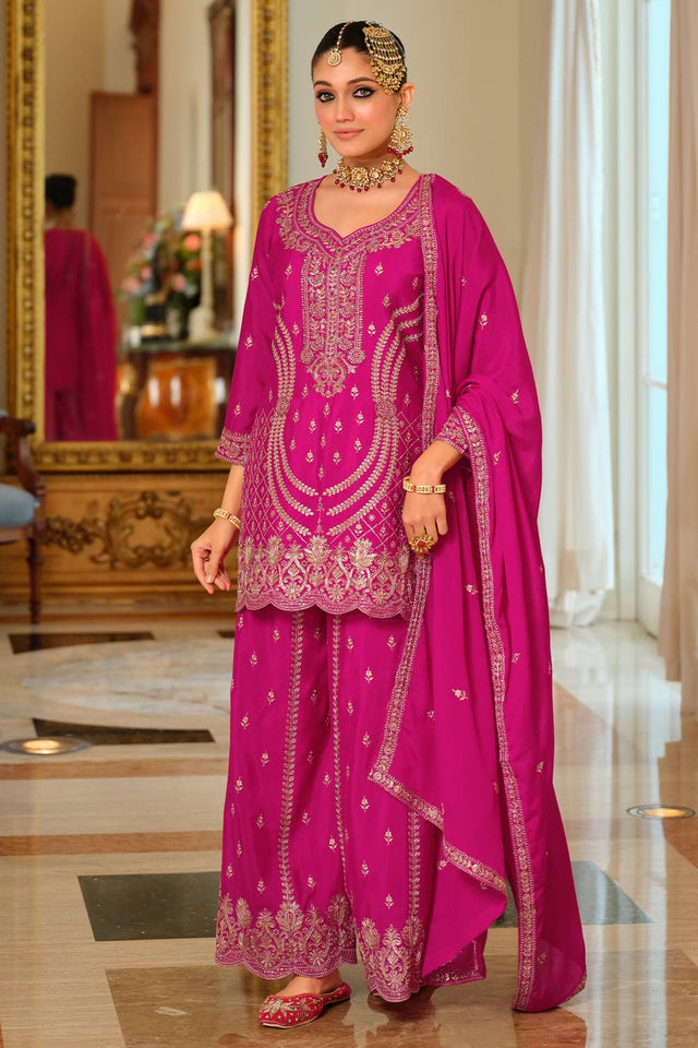 Pink Embroidered Chinon Kurti Pant Set (IDST9KH257)