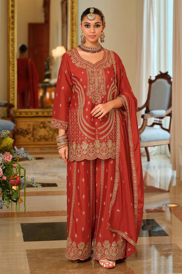 Rust Embroidered Chinon Kurti Pant Set (IDST9KH258)