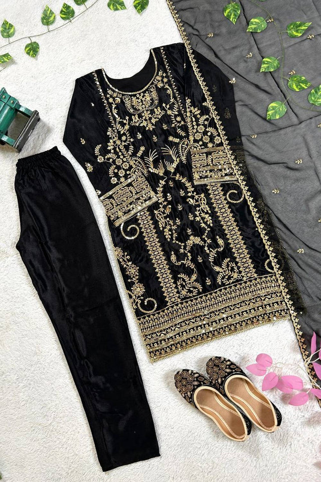 Black Sequin with Embroidered Silk Straight Cut Suits