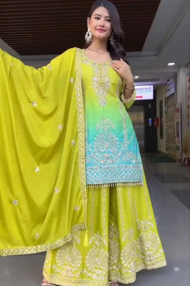 Dark Green Embroidered Silk Sharara Suits