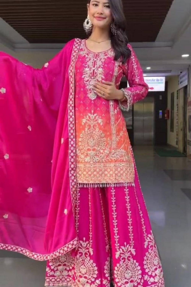 Pink Embroidered Silk Sharara Suits